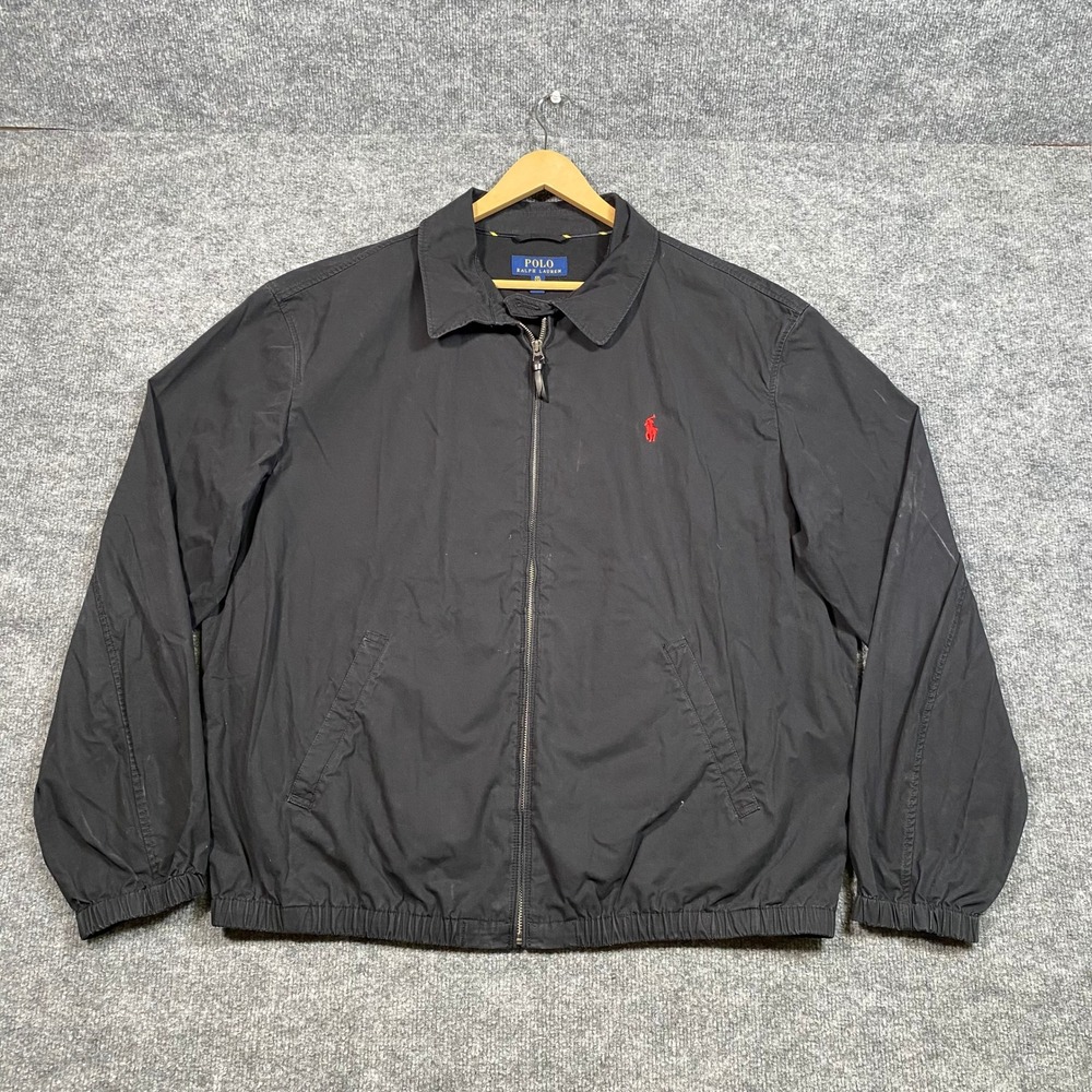 Polo Ralph Lauren Mens XXL Black Cotton Harrington Jacket Red Pony Zip Up